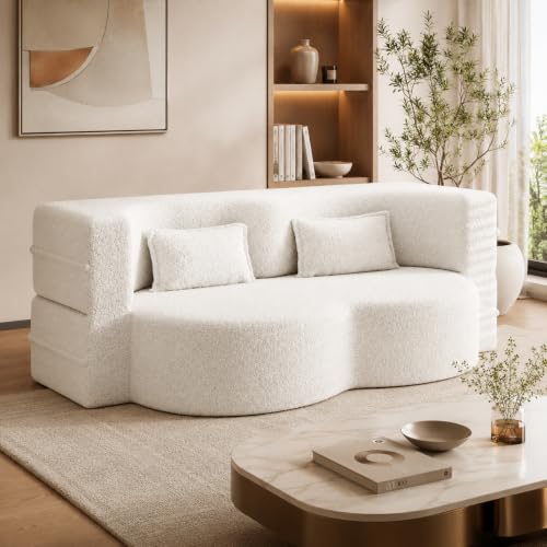 Modern Convertible Sleeper Sofa Bed,Compact Couch Loveseat Sofa Curved Seating, Floor Couch Comfy Teddy Fabric Sofa,Soft Cloud Couch with Pillows for Apartment Living Room, Bedroom(Beige)