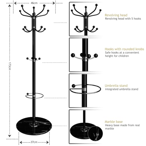 CASARIA® Elegant Coat Rack Hat Stand with Marble Base Coat Stand and 14x Rotatable Coat Hangers | Sturdy & Stylish Clothes Rack for Hallways & Offices Furniture | Black | 175cm Tall - Cosy Home Interiors CASARIA® Elegant Coat Rack Hat Stand with Marble Base Coat Stand and 14x Rotatable Coat Hangers | Sturdy & Stylish Clothes Rack for Hallways & Offices Furniture | Black | 175cm Tall - Image 3