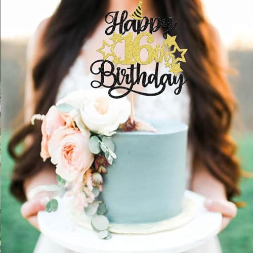 Image of Confetti! Glittering 16th Birthday Cake Topper with Star Hat - Cheers to 16 Years! Fabulous Cake Decorations for Kids' 16th Birthday & Anniversary Party Supply