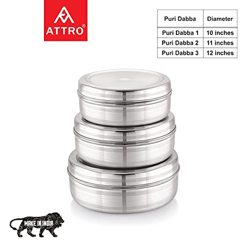Image of Attro Stainless Steel Puri Dabba with Lid, Food Storage Containers, Big (1100ml), Medium (900 ml), Small (700ml) - Set of 3, Silver, Standard