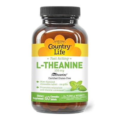 Country Life L-Theanine Fast-Acting 100mg, 60 Chewable Tablets, Mint- Flavored, Certified Gluten Free, Certified Vegan