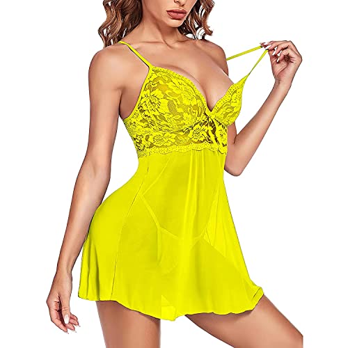 Image of XCUTE Lace Babydoll Lingerie for Honeymoon, Babydoll Night Wear for Women, Night Dresses for Women, Ladies Night Dress, Transparent Net Nighty for Sexy Women with G-Sting Panty (Yellow, 1)