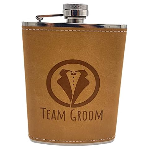 Groomsmen Proposal Gift For Wedding, Stainless Steel Wrapped Leather Flask 8 Oz, Leakproof & Stamped With Team Groom . For Bachelor Party Favors or Groomsman Gift Boxes. (light Brown, 1) Cover