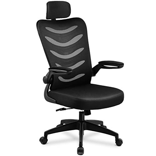 Ergonomic Office Desk Computer Chair Mesh Computer Chair with Flip Up Arms and Adjustable Headrest Lumbar Support Black