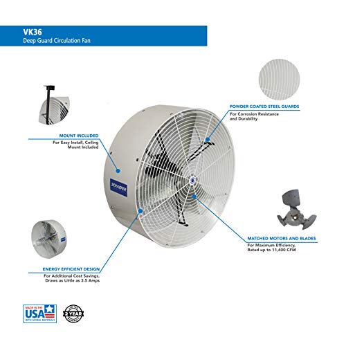 Schaefer Vk36 Versa-Kool 36" Single Phase Deep Guard Greenhouse Circulation Fan, Made In Usa, High Horizontal Airflow, 1/2 Hp, 11400Cfm, T-Shape Mount Included, White #TOP4