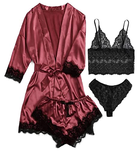iSpchen 4-teiliges Schlafanzug Damen Lang Pyjama Set Nachtwäsche Sexy Spitzen Unterwäsche Kurze Hose Nachthemd Frühling Sommer Herbst Morgenmantel weich Nachtwäsche Shorts