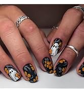 Halloween Ghost Press on Nails Short Square Yellow Flower Fake Nails Black Matte Artificial Nails...
