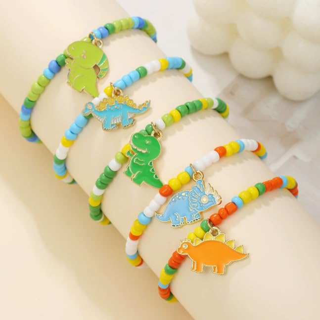 XAM Enamel Dinosaur Charm Beaded Bracelet - Colorful Alloy Jewelry Fun Party Favors & Gifts3