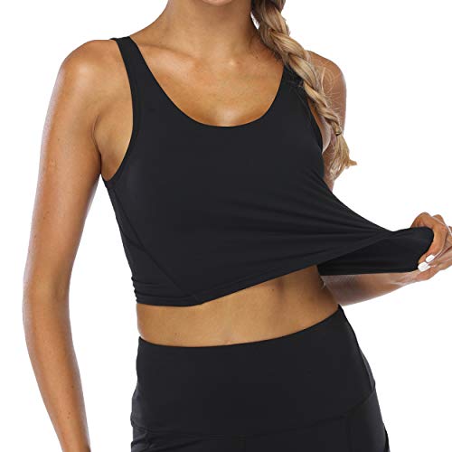 Women Sports Bra Longline Camisole Removable Wirefree Padded Bra Yoga Tank Tops Fitness Workout Running Top(Black,Medium)