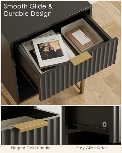 Image of Masupu Fluted Nightstand,Modern Night Stand Wood Bedside Table with Storage Drawer Side End Table for Bedroom,Office,Black