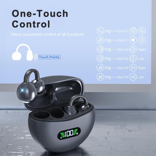 Image of EXECCZO Ear Clip Earbuds Mini Open Ear Headphones Wireless Bluetooth Earphones for Sport Workout Driving Walking Running Compatible with iPhone Android (Black and Grey)