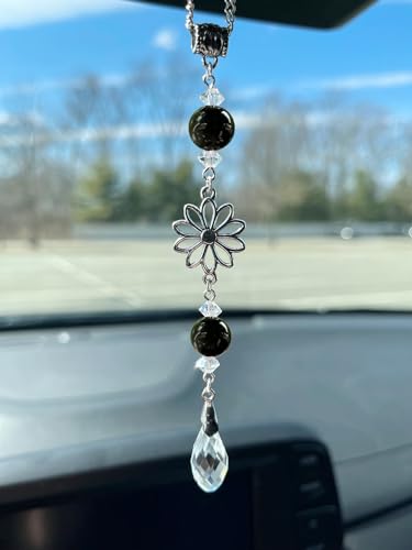 Flower Rear View Mirror Car Charms,Crystal Boho Car Mirror Hanging Decor for Women Men Healing Obsidian Stone Bead Sun Catcher Cute Car Decorations Accessories(Black)