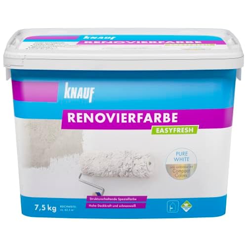 Knauf 415121 EASYFRESH, mineralische, strukturerhaltende Renovierfarbe in schneeweiß, stumpfmatt, hochdeckend und abriebfest, gebrauchfertig, lösemittelfrei, emmissionsarm, Weiß, 7.5 kg (1er Pack)