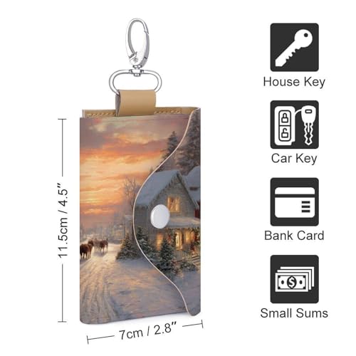 Christmas Scene Old Red Barn Horses Key Holder Bag PU Leather ID Card Holder Keychains Case Cover for Men Women2