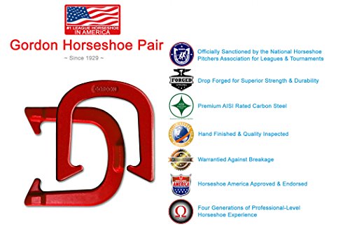 Gordon Professional Pitching Horseshoes - Red Finish - NHPA Sanctioned for Tournament Play - Drop Forged Construction - One Pair (2 Shoes) - Medium Weight