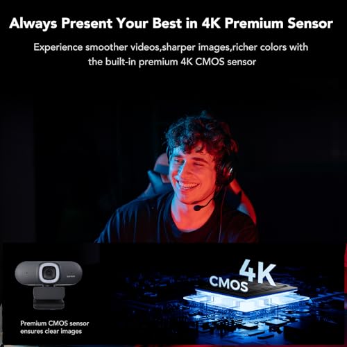 Webcam 4K pour télétravail et visioconférence avec micro intégré et cadrage auto