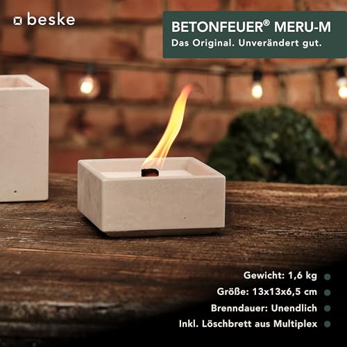 Betonfeuer® Meru-M | Das Feuer, das für Immer brennt | Kerzenfresser mit Dauerdocht für Terasse und Garten | Wachsfresser aus Beton | Handarbeit 'Made in Germany' | (13 x 13 x 6,5cm)