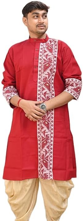 NEEDLE GO TRADITIONAL Men's Pure Cotton Jamdani Kurta, Full Sleeves, for Weddings, Parties, Poojas, Festivals
