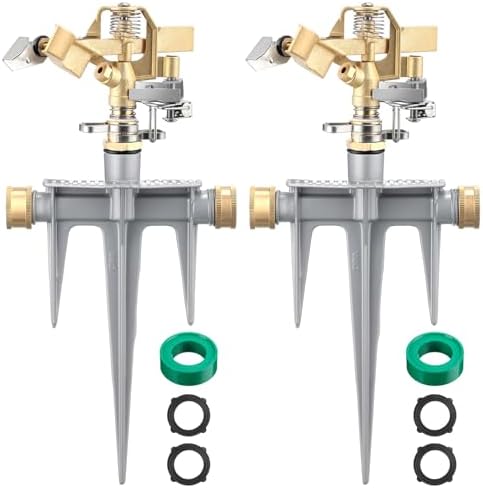2 Pack Brass Impact Sprinklers for Yard Adjustable Lawn Sprinkler with Heavy Duty Brass Head and Aluminum Spike Base Tape Lawn Equipment for Large Area Yard Patio Garden Irrigation