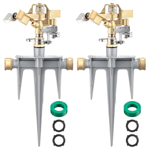 Blushtier 2 Pack Brass Impact Sprinklers for Yard Adjustable Lawn Sprinkler with Heavy Duty Brass Head and Aluminum Spike Base Tape Lawn Equipment for Large Area Yard Patio Garden Irrigation