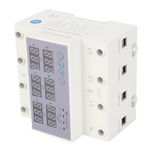 63A Trifase Voltmetro Amperometro su Guida DIN Protezione Sovracorrente Sovratensione Automatica Protezione Sovracorrente Stabilizzatore di Corrente per Protezione Domestica (63A)