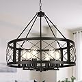 Cunfash 6-Light Black Rustic Drum Chandelier, 22.5” Modern Chandelier for Dining Room, Round Metal Hanging Light Fixture for Foyer, Entryway, Bedroom, Kitchen Island