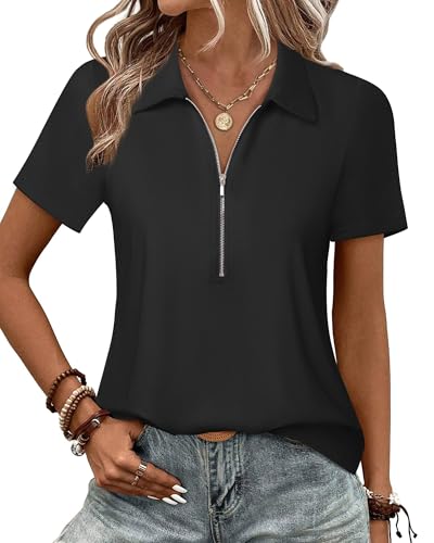 Vivilli Women's Polo Shirts, Womens Summer Tops Business Casual Tops Trendy V-Neck Work Blouse Fashion Clothing Knitted Golf Collared Top for Office, Vacation, Tennis & Professional Outfits Black M