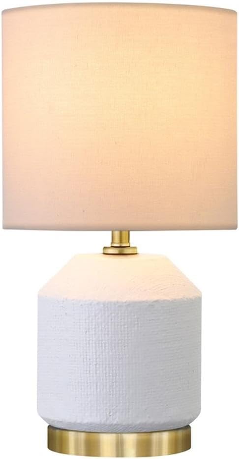Pemberly Row Mini Table Lamp, 5.5" Ceramic Base with Metal Accent, Matte White and Antiqued Brass Finish, White Linen Shade, Modern Design for Bedside, Living Room, or Workspace Lighting