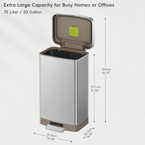 EKO Hudson Matte Stainless 75 Liter/20 Gallon Step Trash Can with Rear Trash Bag Storage Compartment