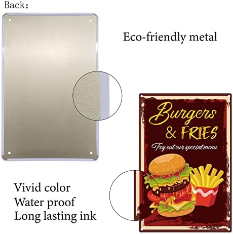 CREATCABIN Burgers & Fries Sign Metal Tin Signs Vintage Retro for Plaque Poster Bar Pub Garage Fast Food Cafe Home Wall Decor 8 x 12 Inch