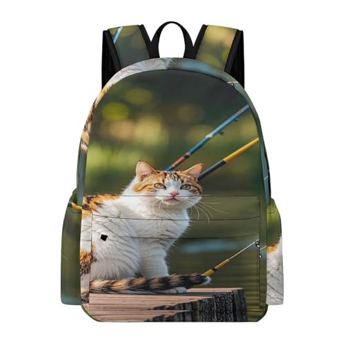 Heavy-Duty Backpack with Side Pockets, Fishing Cat Print Durable Backpack