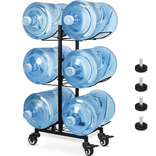 5 Gallon Water Jug Holder with 4 Wheels Movable Heavy Duty Foldable Water Jug Stand 3-Tier 5 Gallon Water Bottle Holder Water Cooler Jug Storage Rack for 6 Bottles(Black)