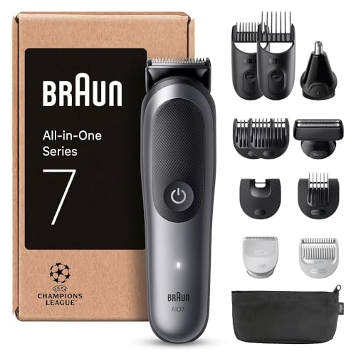Braun Recortadora Todo En Uno Series 7 AIO7545, Kit De Styling 12en1 Para Barba, Pelo, Orejas, Nariz y Cuerpo, 14 Longitudes, 120 Min De Autonomía, Gris, El embalaje puede variar