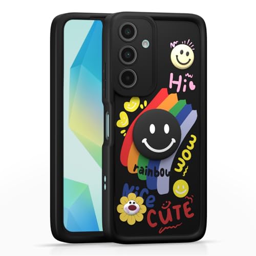 Image of Pikkme Back Cover for Samsung Galaxy A16 5G | Soft Silicone| Cute Rainbow Smile & 3D Cartoon Flower Design | Shockproof Raised Camera Protection Bumper Case (Black)