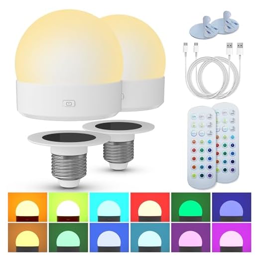 Rechargeable Battery Night Light Bulb: 3000mAh LED Bulb with Remote Control for Lamp, Wireless E26 USB Puck Light 400LM with Timer, 3 Color Temperature+12 RGB Color, Magnetic Camping Outdoor , 2pcs