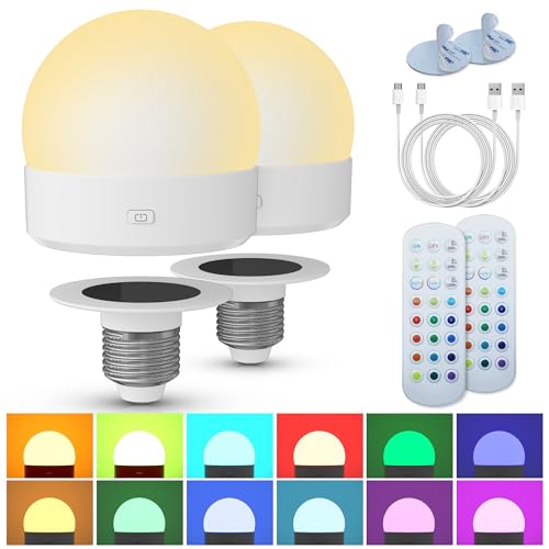 Rechargeable Battery Night Light Bulb: 3000mAh LED Bulb with Remote Control for Lamp, Wireless E26 USB Puck Light 400LM with Timer, 3 Color Temperature+12 RGB Color, Magnetic Camping Outdoor , 2pcs
