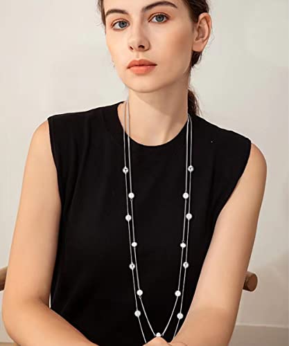 Silver Layered Long Necklace for Women Pearl Crystal Sweater Strand Chain Necklaces Fashion Gifts4