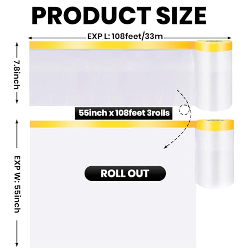 Image of ADHES Pre Taped Masking Film with Adhesive Edge, 55 inch x 108 feet, 3 Rolls No Residue Masking Tape for Painting, Automotive, and DIY Projects Tape and Drape for Floor Furniture Protection
