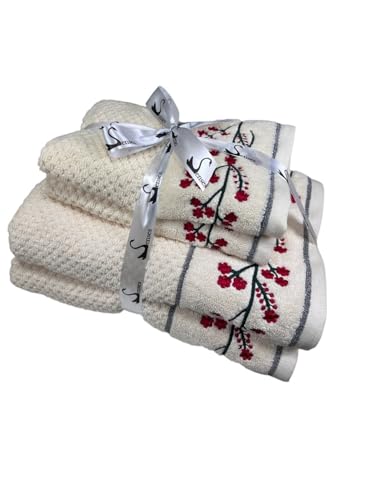 Image of SENSES By Riba Cotton Embroidered Towel Set, 550 GSM Soft & Absorbent, Antimicrobial, Oeko-Tex Certified | Ideal for Home & Gifting, Pack of 4 (2 Bath 27 inchX50 inch + 2 Hand Towels 16 inchX26 inch) - Style 14