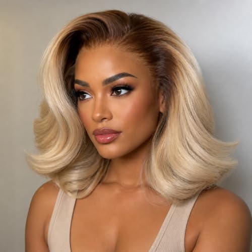 Msviki 4/613 Ombre Blonde Human Hair Wigs with Brown Roots 13x4x1 Lace Front Wig For Women Pre-plucked Body Wave Brazilian Virgin Hair 18 Inch 200% Density Glueless