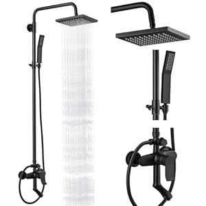 Matte Black Rain Shower System SetExposed Shower System 3 Functions Bathroom Shower Faucet 8 Inch Swivel Rainfall Shower Head Handheld Complete Set Tub Spout Wall Mount