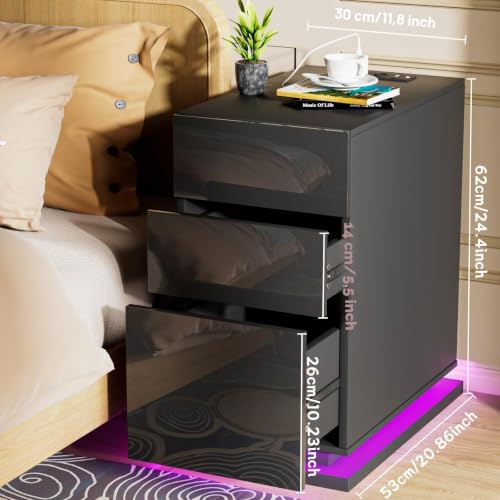 CHOWGOLI Table de Chevet Étroite Lot de 2, Table Chevet avec Éclairage LED, Table de Nuit avec Prise et Station de Charge, Chevet de Lit avec 3 Tiroirs, Table de Nuit Moderne Noir, 50x30x63cm – vue 2