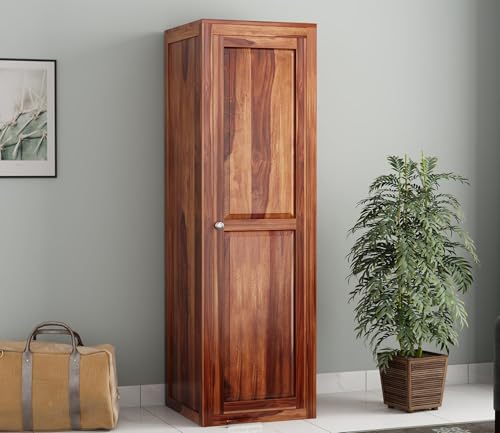 Image of Sheesham Wood Wooden Single Door Wardrobe Organizer for Clothes | - Solid Wood Almirah with 5 Shelves - Cupboard for Large Bedroom, Natural Finish