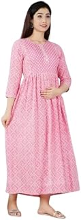 Women's Cotton Maternity Maxi Dress, Purple Floral Print, 3/4 Sleeve, Ankle Length Price In India