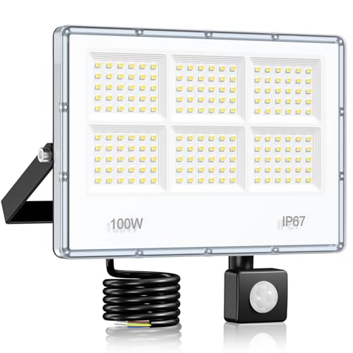 LAMLAMCK - Projecteur LED Exterieur Detecteur De Mouvement - 100W 10000 LM 6 en 1 Spot LED Extérieur Detecteur De Mouvement, IP67 Étanche 7000 K Blanc Froid Éclairage Extérieur pour Jardin, Cour, Rue, Garage