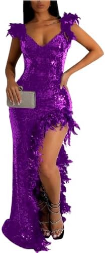 Women's Sexy Sequin Feather Prom Dresses 2025 High Slit Deep V Ne...