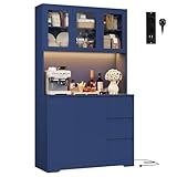 Gran encimera con iluminación LED clara: la gran encimera de 100x38.5cm no solo ofrece espacio para máquinas de café, tostadoras, vino, copas de vino, microondas y más. También es muy práctica como mesa de bar y barra de café. Las cálidas luces LED proporcionan una luz clara y facilitan su uso en la encimera. También es tu lámpara de mesa para pasar la noche. Es un placer tomar una taza de café caliente con tus amigos y amantes bajo la cálida luz. Este aparador con iluminación LED es adecuado para comedor, salón, cocina, etc.