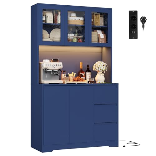 FirFurd Alacena Cocina Grande, Aparador Comedor, Muebles de Cocina, Armario Cocinas Almacenaje, con Iluminacion LED, Regleta, Encimera para Microondas, 3 Cajones, 5 Puertas 100x38.5x180cm Azul