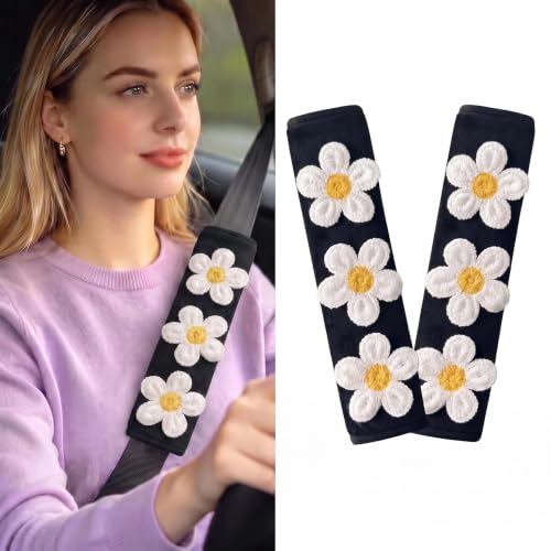 Image of Cute Pink Flower Seat Belt Cover Pads for Women Girls - Soft Plush Seatbelt Cushion, Fun Car Accessories (2, White Flower Black Plush Velvet Pad)