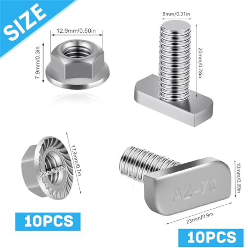 Hammerkopfschrauben Edelstahl 10 Stück T Hammerkopfschrauben mit Flanschmutter Hammerkopfschraube M8x20MM T Schrauben Sperrzahnmuttern mit Flanschmuttern für PV Solar Montageschienen